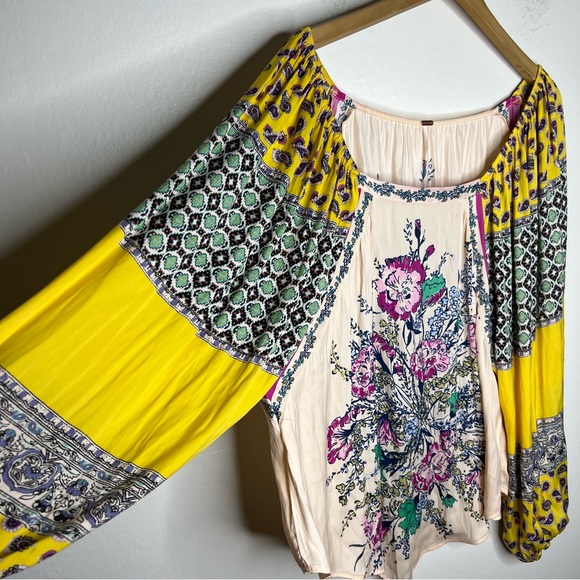 Free People Positano Printed Blouse in Yellow Sz M - Picture 5 of 9